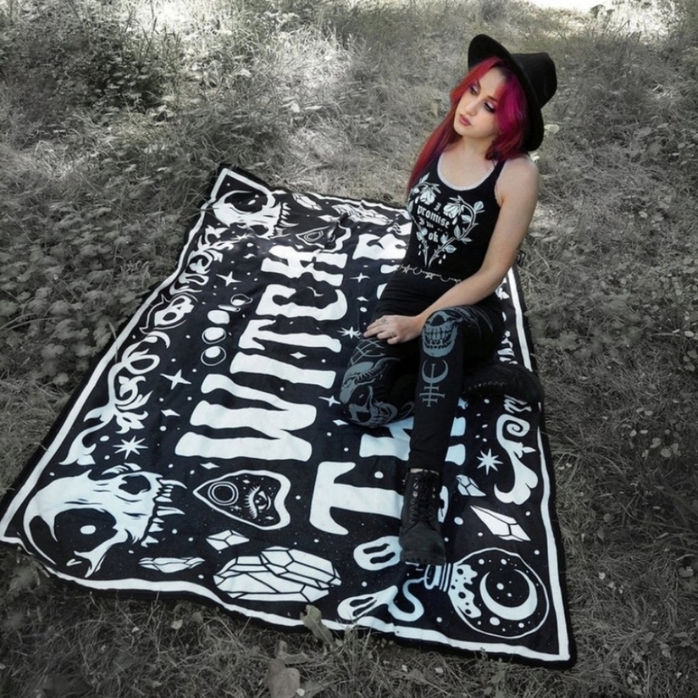 Too Fast ✦ Witch Blanket Towel ✦ Gothic Black Microfiber 72" Witchcraft Print